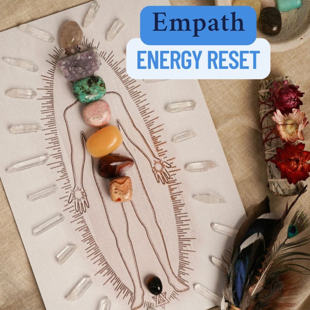 Image of a drawn person with crystals at each of the chakras. There is a text overlay that says - "empath energy reset"