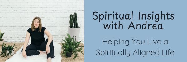 Image of Andrea Belzer sitting on the ground. She is surrounded by plants and is on a white carpet. Text next to the image says: Spiritual Insights with Andrea. Helping you live a spiritually aligned life.