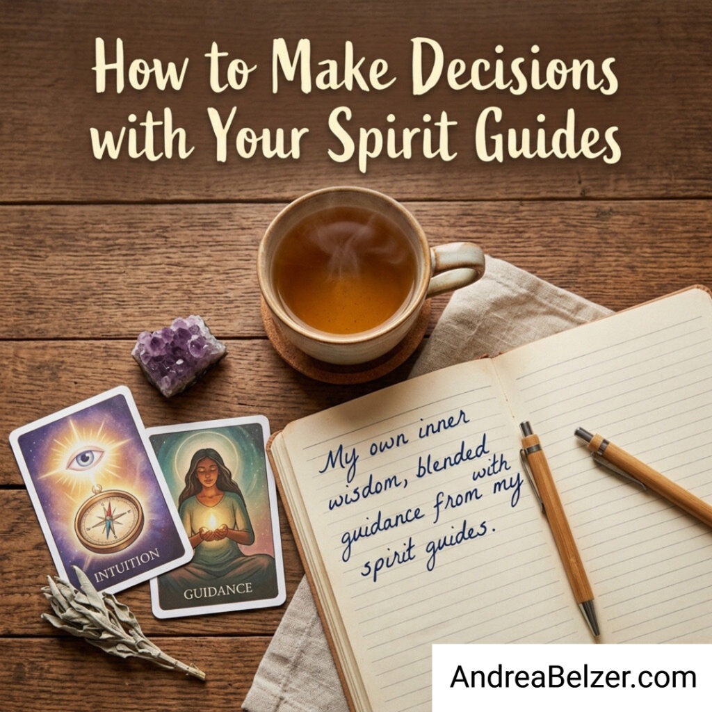A top-down view of a wooden desk with a journal, a cup of herbal tea, and oracle cards labeled 'Intuition' and 'Guidance.' The journal says, 'My own inner wisdom, blended with guidance from my spirit guides.' Text overlay reads: How to Make Decisions with Your Spirit Guides.