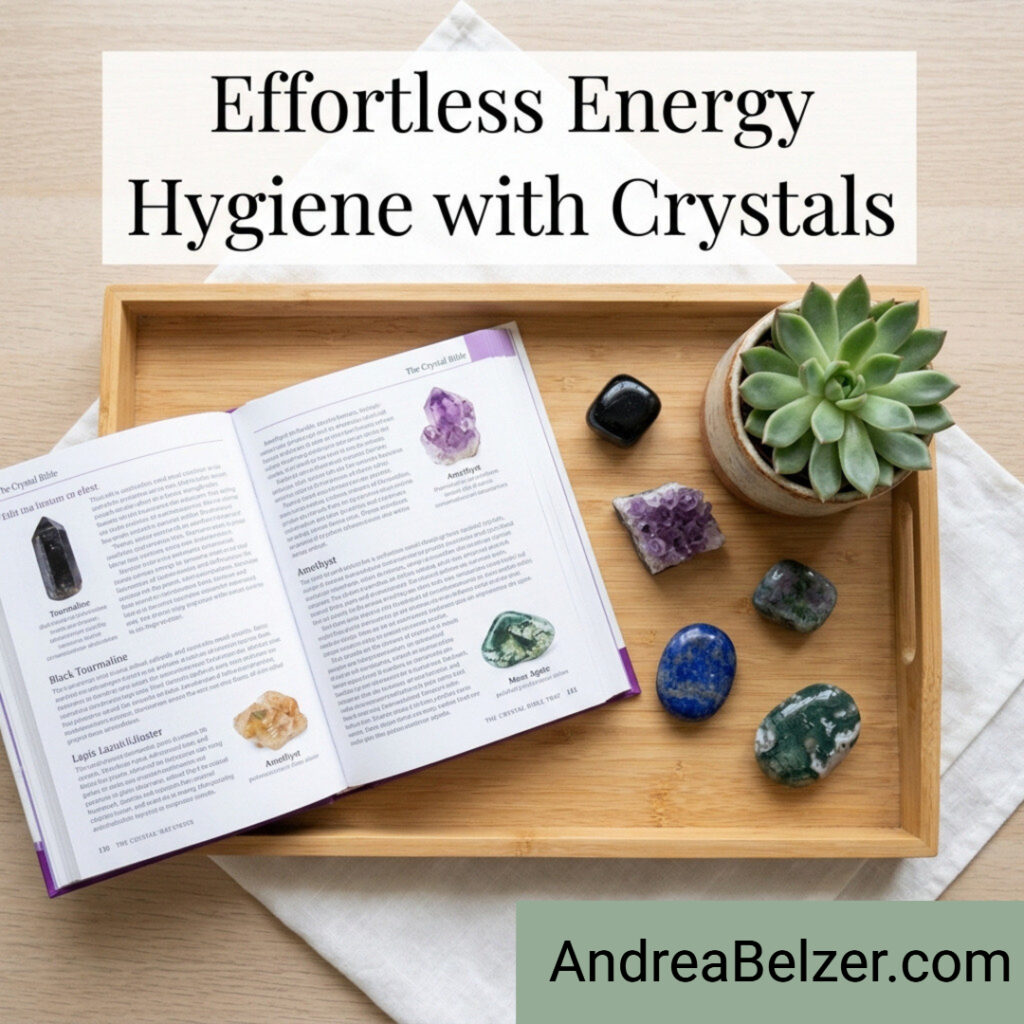 An overhead photograph of a bamboo tray holding an open crystal guidebook, a potted succulent, and several different crystals. The title 'Effortless Energy Hygiene with Crystals' is overlaid in a clean font at the top.