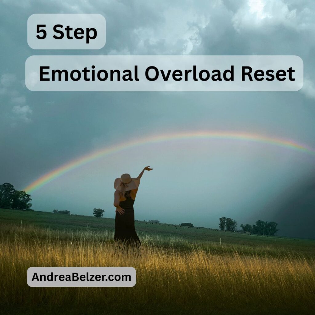 Woman standing in a field with stormy cloudy skies. It has a rainbow in the distance. Text saying "5 step emotional overload reset” is at the top of the image. At the bottom of the image is the text is "Andreabelzer.com"