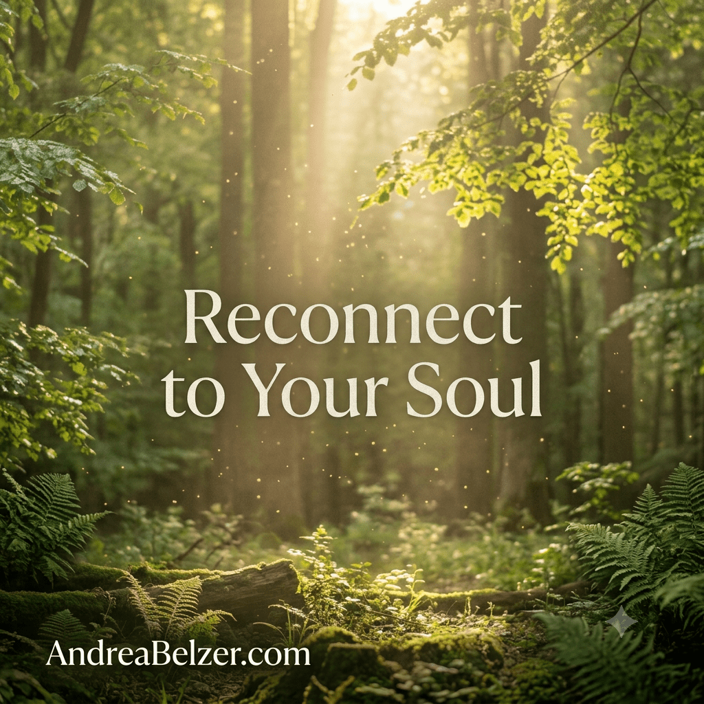 A sunlit, serene forest scene with ferns on the mossy ground and light rays filtering through the trees. Large white text in the center reads, 'Reconnect to Your Soul,' with the website 'AndreaBelzer.com' in the bottom corner