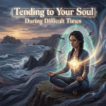 An inspirational square-format digital art piece depicting a woman in a meditative pose on a coastal cliff. Overlaid text at the top reads: "Tending to Your Soul During Difficult Times." The woman is sitting in a lotus position, radiating a brilliant golden-white light from her chest, while forming a protective energy barrier against swirling, dark, shadowy entities that represent overload and negativity. The backdrop is a dramatic seascape of rugged cliffs and ocean waves under a twilight sky, creating a mood of resilience and inner peace.