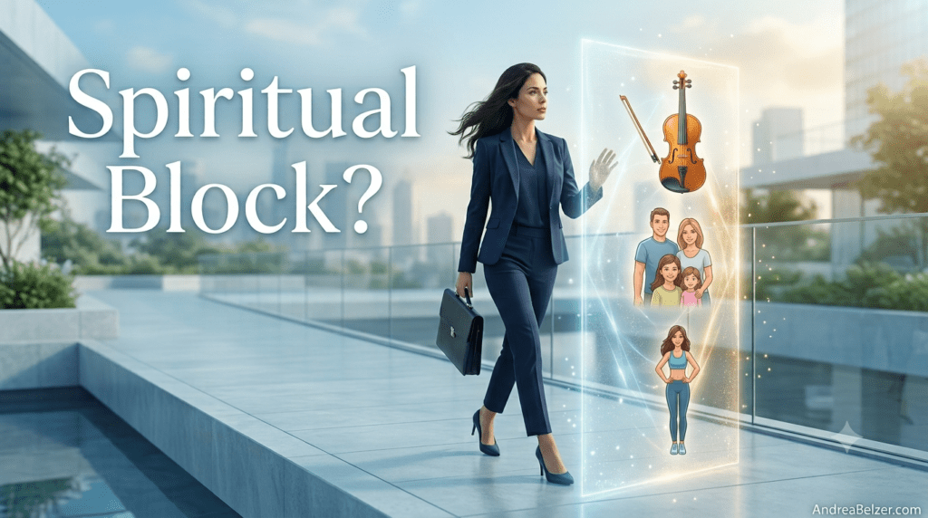 A businesswoman in a navy suit stepping toward a glowing, translucent barrier displaying icons of goals—a violin, a happy family, and a fitness figure—with text reading "Spiritual Block?" and AndreaBelzer.com.